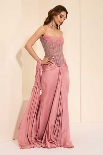 Buy_K&A By Karishma and Ashita_Pink Cotton Satin Sequins, Beads, Champagne Rose Corset And Pre-draped Saree Set _Online_at_Aza_Fashions