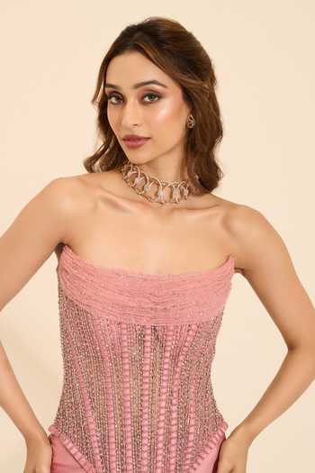 K&A By Karishma and Ashita_Pink Cotton Satin Sequins, Beads, Champagne Rose Corset And Pre-draped Saree Set _at_Aza_Fashions