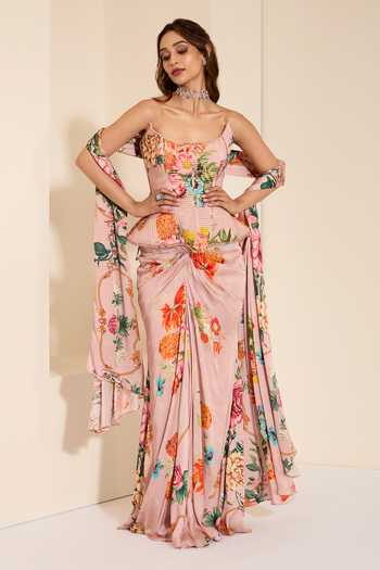 K&A By Karishma and Ashita Periwinkle Glow Corset & Draped Skirt Set 