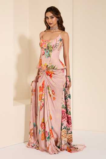 K&A By Karishma and Ashita_Multi Color Cotton Satin Crystals Periwinkle Glow Corset And Draped Skirt Set _Online_at_Aza_Fashions