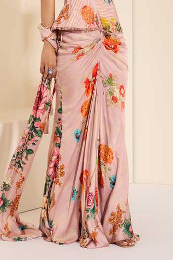Buy_K&A By Karishma and Ashita_Multi Color Cotton Satin Crystals Periwinkle Glow Corset And Draped Skirt Set _Online_at_Aza_Fashions