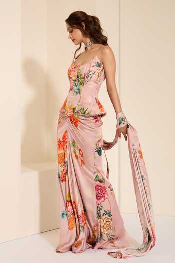 K&A By Karishma and Ashita_Multi Color Cotton Satin Crystals Periwinkle Glow Corset And Draped Skirt Set _at_Aza_Fashions