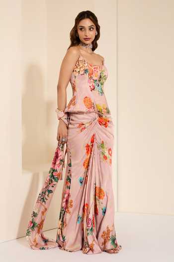Buy_K&A By Karishma and Ashita_Multi Color Cotton Satin Crystals Periwinkle Glow Corset And Draped Skirt Set 