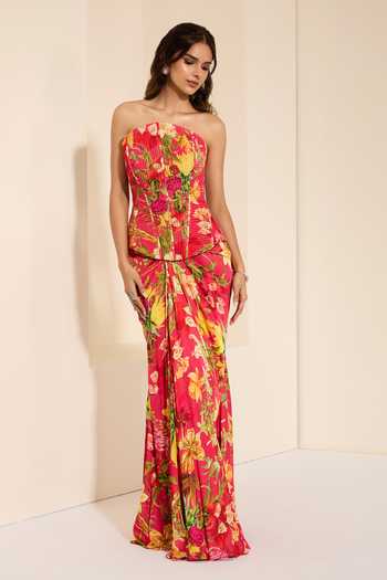K&A By Karishma and Ashita Cherry Bliss Corset & Draped Skirt Set 