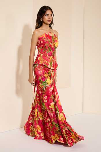 K&A By Karishma and Ashita_Multi Color Cotton Satin Bandeau Neck Cherry Bliss Corset And Draped Skirt Set _Online_at_Aza_Fashions