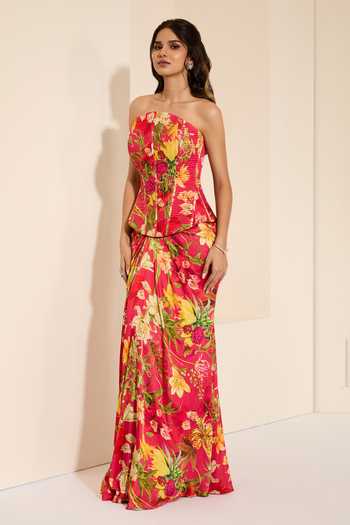 Buy_K&A By Karishma and Ashita_Multi Color Cotton Satin Bandeau Neck Cherry Bliss Corset And Draped Skirt Set _Online_at_Aza_Fashions