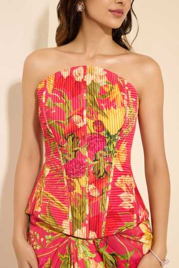 Shop_K&A By Karishma and Ashita_Multi Color Cotton Satin Bandeau Neck Cherry Bliss Corset And Draped Skirt Set _Online_at_Aza_Fashions