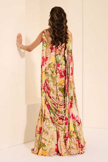K&A By Karishma and Ashita Rosy Fantasy Corset & Draped Skirt Set 
