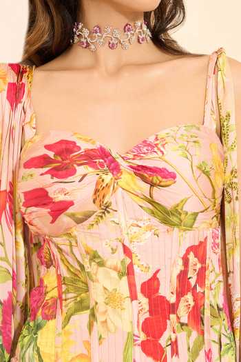 K&A By Karishma and Ashita_Multi Color Cotton Satin Crystals Rosy Fantasy Corset And Draped Skirt Set _Online_at_Aza_Fashions