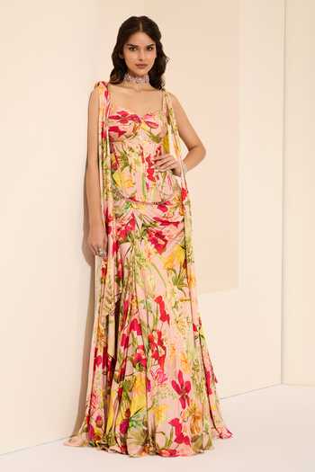 K&A By Karishma and Ashita Rosy Fantasy Corset & Draped Skirt Set 