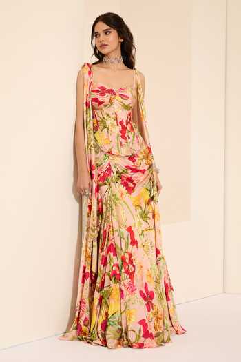 Shop_K&A By Karishma and Ashita_Multi Color Cotton Satin Crystals Rosy Fantasy Corset And Draped Skirt Set _Online_at_Aza_Fashions