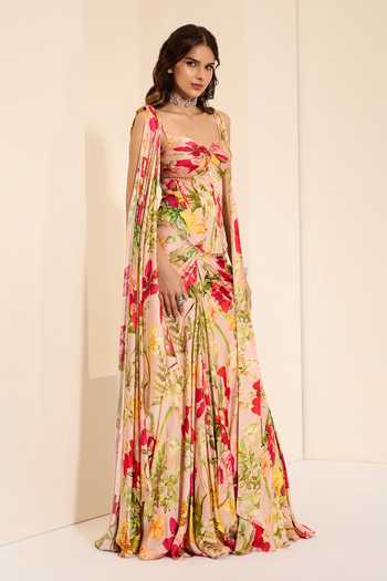 K&A By Karishma and Ashita_Multi Color Cotton Satin Crystals Rosy Fantasy Corset And Draped Skirt Set _at_Aza_Fashions
