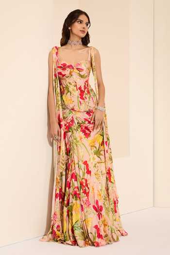 Buy_K&A By Karishma and Ashita_Multi Color Cotton Satin Crystals Rosy Fantasy Corset And Draped Skirt Set 