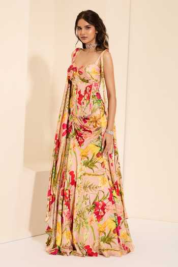 Shop_K&A By Karishma and Ashita_Multi Color Cotton Satin Crystals Rosy Fantasy Corset And Draped Skirt Set 