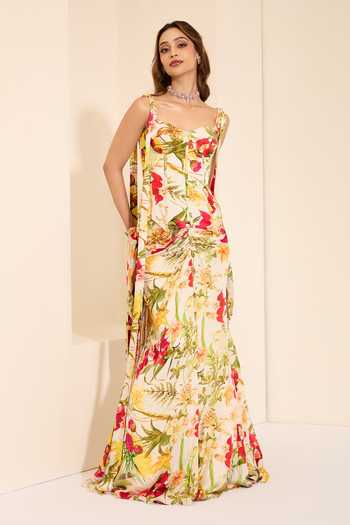 K&A By Karishma and Ashita Ivory Blossom Print Draped Skirt Set With Stole 