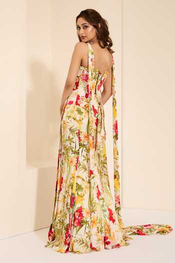 K&A By Karishma and Ashita_Multi Color Cotton Satin Ivory Blossom Print Draped Skirt Set With Stole _Online_at_Aza_Fashions