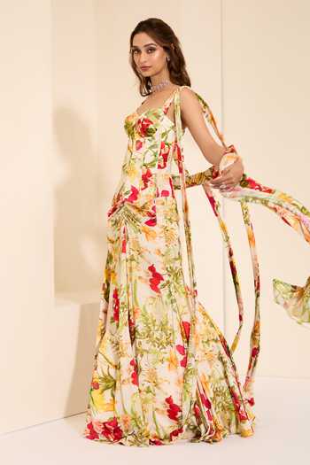 Buy_K&A By Karishma and Ashita_Multi Color Cotton Satin Ivory Blossom Print Draped Skirt Set With Stole _Online_at_Aza_Fashions