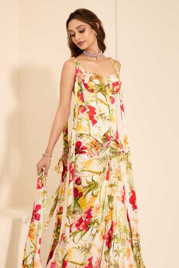 Shop_K&A By Karishma and Ashita_Multi Color Cotton Satin Ivory Blossom Print Draped Skirt Set With Stole _Online_at_Aza_Fashions