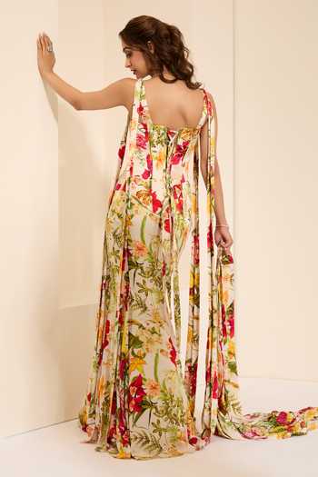 K&A By Karishma and Ashita Ivory Blossom Print Draped Skirt Set With Stole 