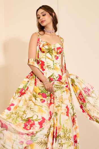 K&A By Karishma and Ashita_Multi Color Cotton Satin Ivory Blossom Print Draped Skirt Set With Stole _at_Aza_Fashions