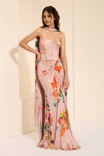 K&A By Karishma and Ashita_Multi Color Cotton Satin Crystals Lavender Mist Corset And Draped Skirt Set _Online_at_Aza_Fashions
