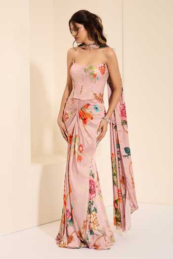 Buy_K&A By Karishma and Ashita_Multi Color Cotton Satin Crystals Lavender Mist Corset And Draped Skirt Set _Online_at_Aza_Fashions