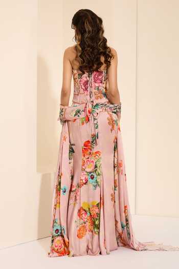K&A By Karishma and Ashita Lavender Mist Corset & Draped Skirt Set 