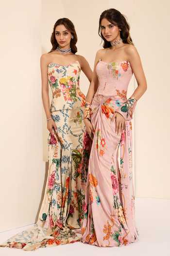 Shop_K&A By Karishma and Ashita_Multi Color Cotton Satin Crystals Lavender Mist Corset And Draped Skirt Set _Online_at_Aza_Fashions