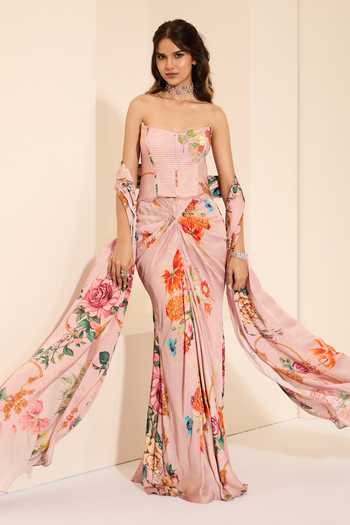 K&A By Karishma and Ashita_Multi Color Cotton Satin Crystals Lavender Mist Corset And Draped Skirt Set _at_Aza_Fashions