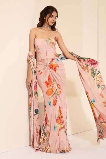 K&A By Karishma and Ashita Lavender Mist Corset & Draped Skirt Set 