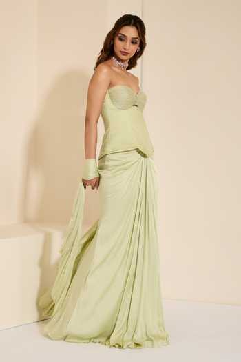 K&A By Karishma and Ashita_Mint Cotton Satin Sweetheart Neck Muse Corset And Pre-draped Saree Set _Online_at_Aza_Fashions