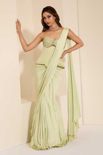 K&A By Karishma and Ashita Mint Muse Corset & Pre-Draped Saree Set 