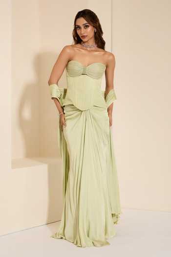 Buy_K&A By Karishma and Ashita_Mint Cotton Satin Sweetheart Neck Muse Corset And Pre-draped Saree Set _Online_at_Aza_Fashions