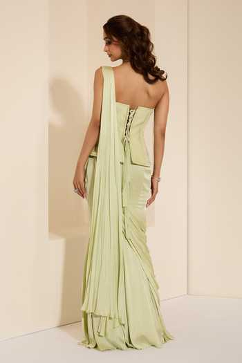 K&A By Karishma and Ashita Mint Muse Corset & Pre-Draped Saree Set 