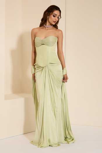Shop_K&A By Karishma and Ashita_Mint Cotton Satin Sweetheart Neck Muse Corset And Pre-draped Saree Set _Online_at_Aza_Fashions