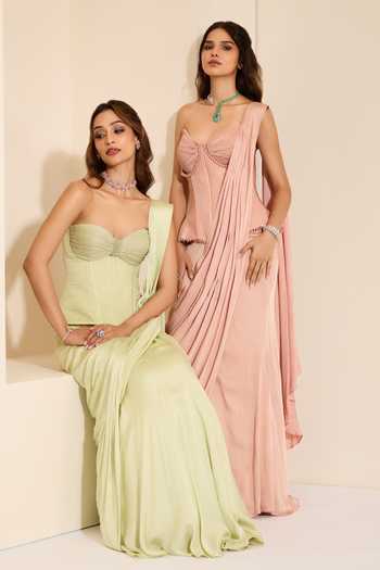 K&A By Karishma and Ashita_Mint Cotton Satin Sweetheart Neck Muse Corset And Pre-draped Saree Set _at_Aza_Fashions
