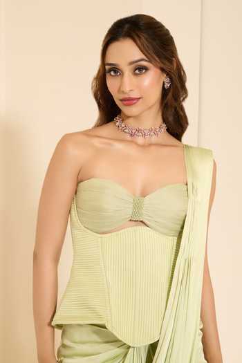 Buy_K&A By Karishma and Ashita_Mint Cotton Satin Sweetheart Neck Muse Corset And Pre-draped Saree Set 