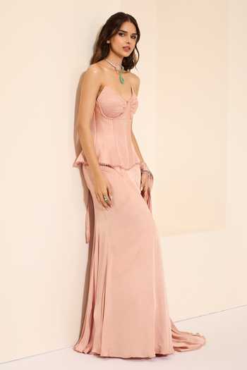 K&A By Karishma and Ashita_Pink Cotton Satin Crystals Sweetheart Neck Rosette Corset And Pre-draped Saree Set _Online_at_Aza_Fashions