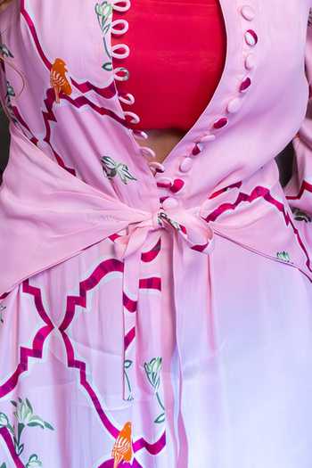 Amrood Pink Satin Embroidery Floral Jaal Slit Dress For Kids Online at Aza Fashions Amrood_Pink Satin Embroidery Floral Jaal Slit Dress For Kids_Online_at_Aza_Fashions