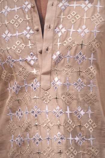 Kaaj Button X AZA_Gold Chanderi Silk, Cotton Applique Leather Kurta Set For Kids_Online_at_Aza_Fashions