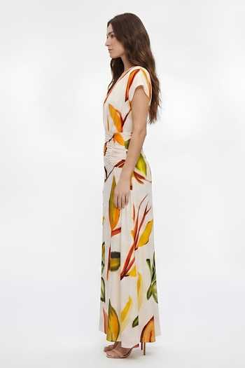 Poppi White Silk, Bemberg V-neck Botanical Print Dress at Aza Fashions Poppi_White Silk, Bemberg V-neck Botanical Print Dress _at_Aza_Fashions