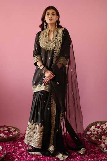 Buy Gopi Vaid Black Tussar, Organza Sequins, Embroidery, Siddhat Floral Kurta Sharara Set at Aza Fashions Buy_Gopi Vaid_Black Tussar, Organza Sequins, Embroidery, Siddhat Floral Kurta Sharara Set _at_Aza_Fashions