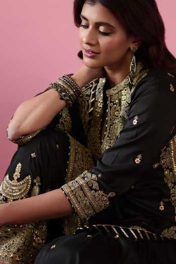 Shop Gopi Vaid Black Tussar, Organza Sequins, Embroidery, Siddhat Floral Kurta Sharara Set Shop_Gopi Vaid_Black Tussar, Organza Sequins, Embroidery, Siddhat Floral Kurta Sharara Set