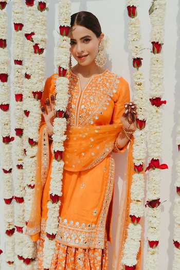 Gopi Vaid Mirror Embellished Orange Kurta Sharara Set 