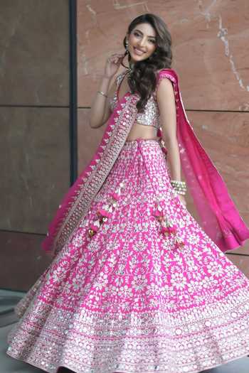 Buy Gopi Vaid Pink Tussar, Jersey, Organza Mirrors, Embroidery V-neck Rani Lehenga Set Buy_Gopi Vaid_Pink Tussar, Jersey, Organza Mirrors, Embroidery V-neck Rani Lehenga Set