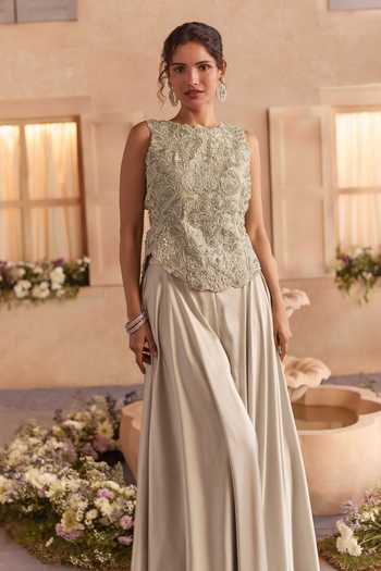 Studio22 By Pulkita Arora Bajaj Green Organza, Satin Round Neck Anna Embroidered Top And Sharara Set Online at Aza Fashions Studio22 By Pulkita Arora Bajaj_Green Organza, Satin Round Neck Anna Embroidered Top And Sharara Set _Online_at_Aza_Fashions