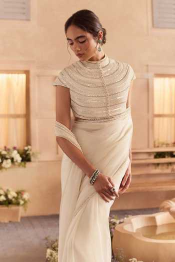 Studio22 By Pulkita Arora Bajaj White Organza, Viscose High Bellina Pre-draped Saree With Embellished Blouse Online at Aza Fashions Studio22 By Pulkita Arora Bajaj_White Organza, Viscose High Bellina Pre-draped Saree With Embellished Blouse _Online_at_Aza_Fashions
