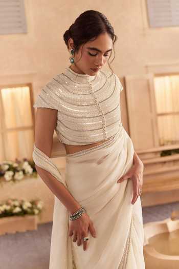 Buy Studio22 By Pulkita Arora Bajaj White Organza, Viscose High Bellina Pre-draped Saree With Embellished Blouse Online at Aza Fashions Buy_Studio22 By Pulkita Arora Bajaj_White Organza, Viscose High Bellina Pre-draped Saree With Embellished Blouse _Online_at_Aza_Fashions