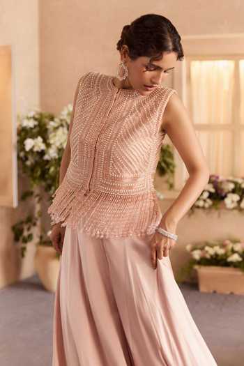 Studio22 By Pulkita Arora Bajaj Peach Georgette, Satin, Net High Neck Elina Tassel Top And Sharara Set Online at Aza Fashions Studio22 By Pulkita Arora Bajaj_Peach Georgette, Satin, Net High Neck Elina Tassel Top And Sharara Set _Online_at_Aza_Fashions