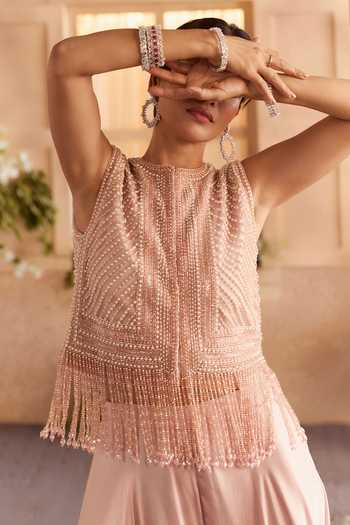 Buy Studio22 By Pulkita Arora Bajaj Peach Georgette, Satin, Net High Neck Elina Tassel Top And Sharara Set Online at Aza Fashions Buy_Studio22 By Pulkita Arora Bajaj_Peach Georgette, Satin, Net High Neck Elina Tassel Top And Sharara Set _Online_at_Aza_Fashions